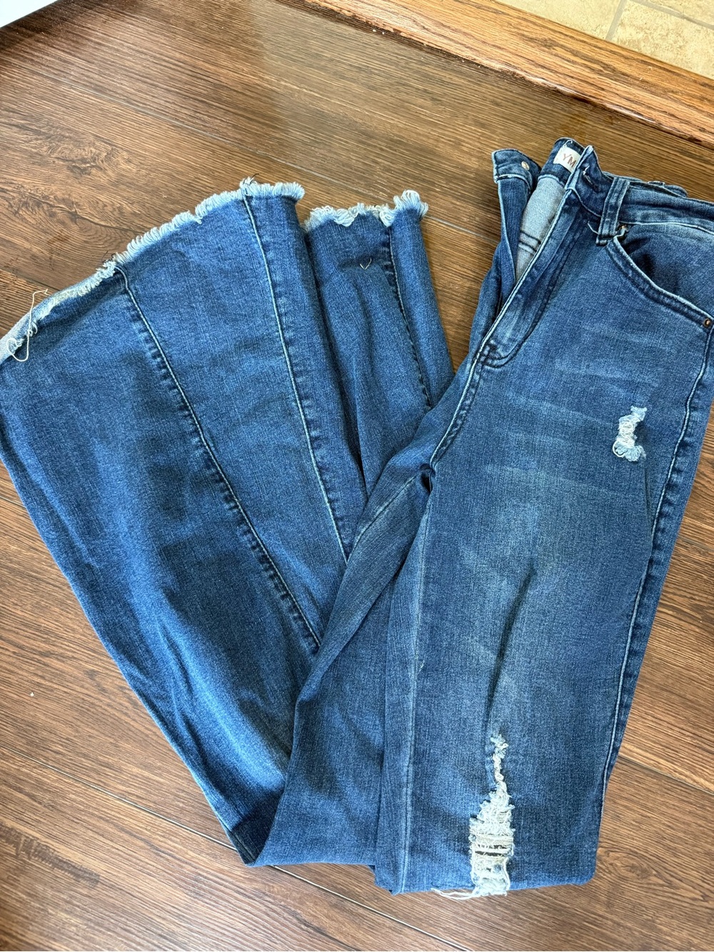 YMI Dark Blue Distressed High-Rise Flare Jeans